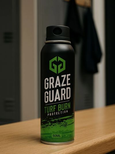 A can of Graze Guard on a light wooden bench in a locker room.